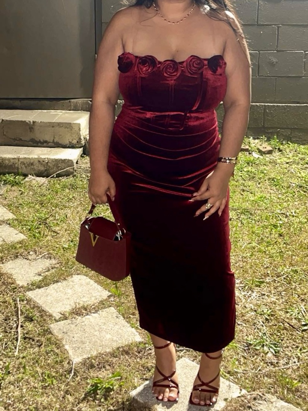 Strapless Velvet Rose-Trim Midi Dress - Burgundy